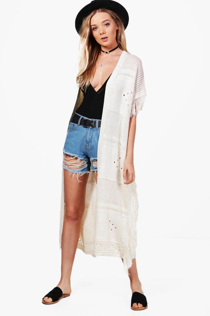 Boohoo Jessica Midi Length Tassel Cape Cardigan Cream