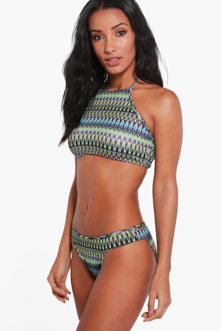 Boohoo Adriana Zig Zag Jacquard Crop Bikini Blue