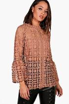 Boohoo Emily High Neck Bell Sleeve Lace Top