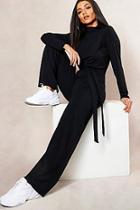 Boohoo Jumbo Rib Self Belt Wide Leg Trouser