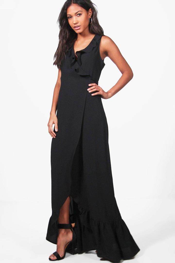 Boohoo Iva Ruffle Wrap Sleeveless Maxi Dress Black