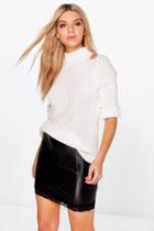 Boohoo Amelie Rib Knit Cold Shoulder Jumper Stone