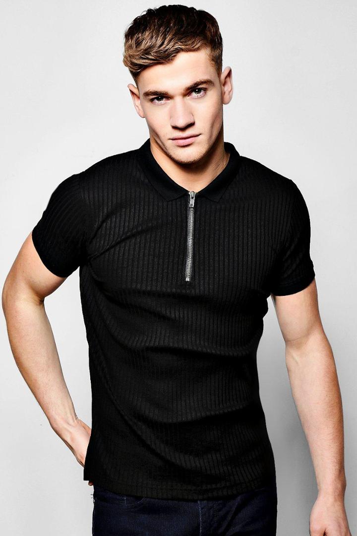 Boohoo Ribbed Polo T Shirt Black