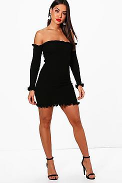 Boohoo Knitted Rib Ruffle Detail Mini Dress