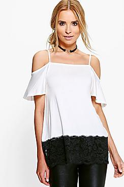 Boohoo Eloise Lace Hem Cold Shoulder Top