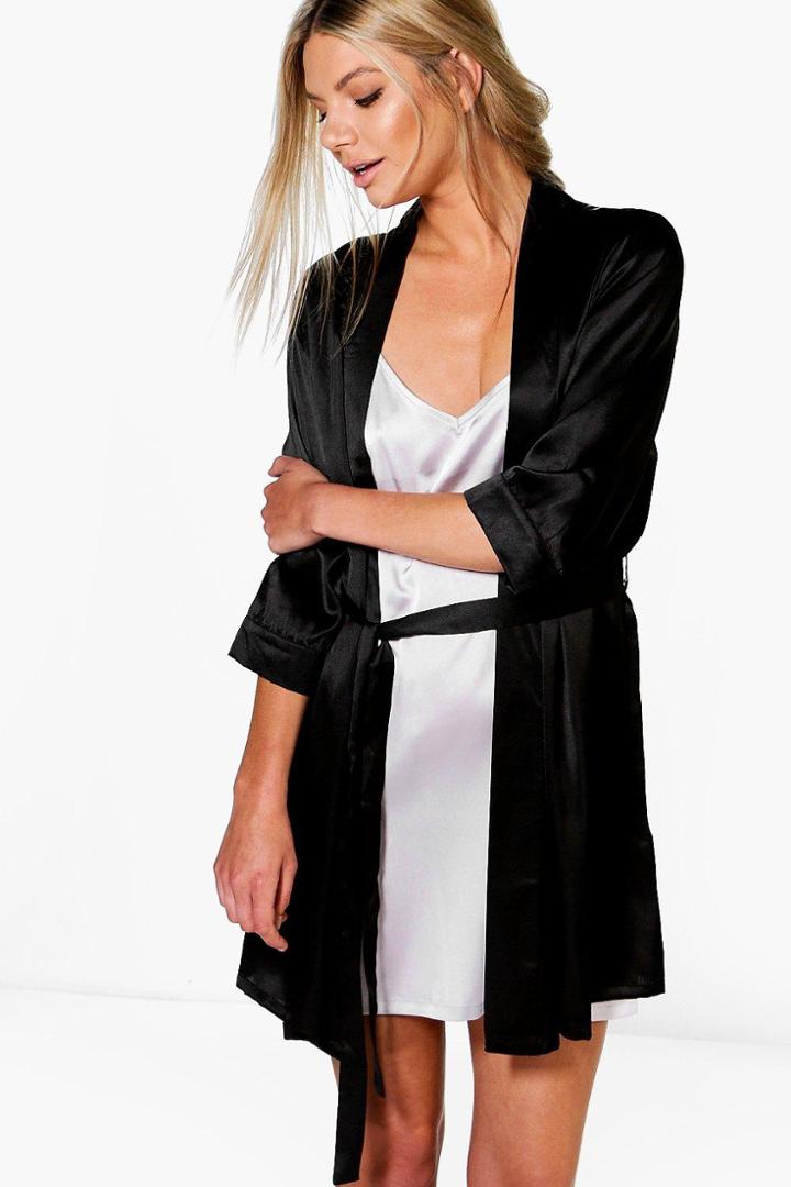 Boohoo Charlotte Satin Kimono Robe Black