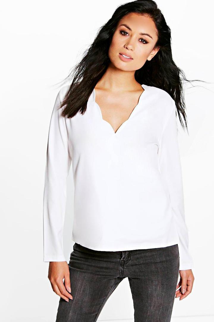 Boohoo Tara Scallop Edge Wrap Over Blouse White