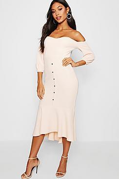 Boohoo Off Shoulder Button Detail Midi Dress