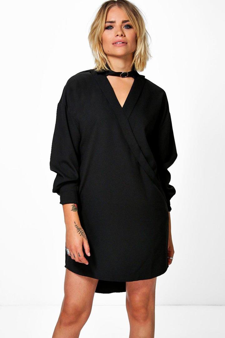 Boohoo Laura Choker Wrap Shirt Dress Black
