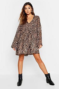 Boohoo Woven Leopard V Neck Smock Dress