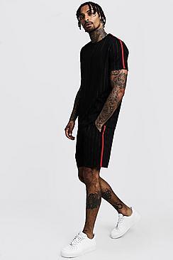 Boohoo Pinstripe T-shirt & Short Set With Side Tape