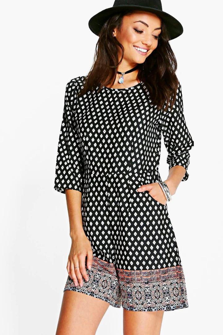 Boohoo Tall Marie Border Print Woven Playsuit Multi