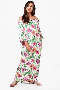 Boohoo Plus Ava Off The Shoulder Tropical Printed Maxi Dress