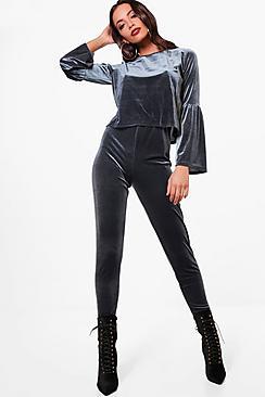 Boohoo Cindy Velvet Fluted Sleeve & Legging Set