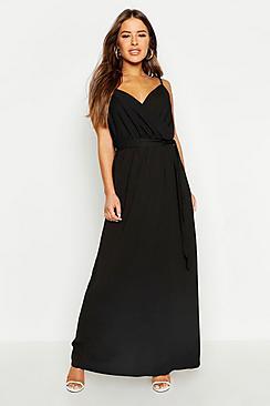 Boohoo Petite Wrap Front Linen Look Tie Detail Maxi Dress