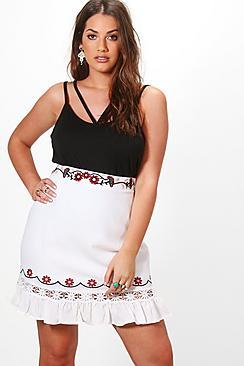 Boohoo Plus Tina Embroidered Ruffle Hem Skirt