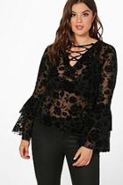 Boohoo Plus Holly Flock Print Sheer Lace Up Top