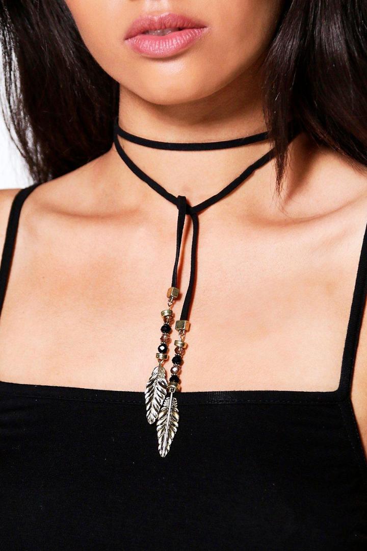 Boohoo Connie Leaf Drop Suedette Tie Choker Black