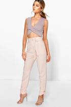 Boohoo Amira Belted Tailored Tie Ankle Slim Trousers Nude