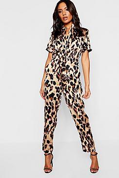 Boohoo Satin Leopard Utility Cargo Boiler Suit
