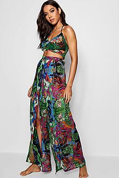 Boohoo Charlotte Tropical Split Leg Trouser Beach Co-ord
