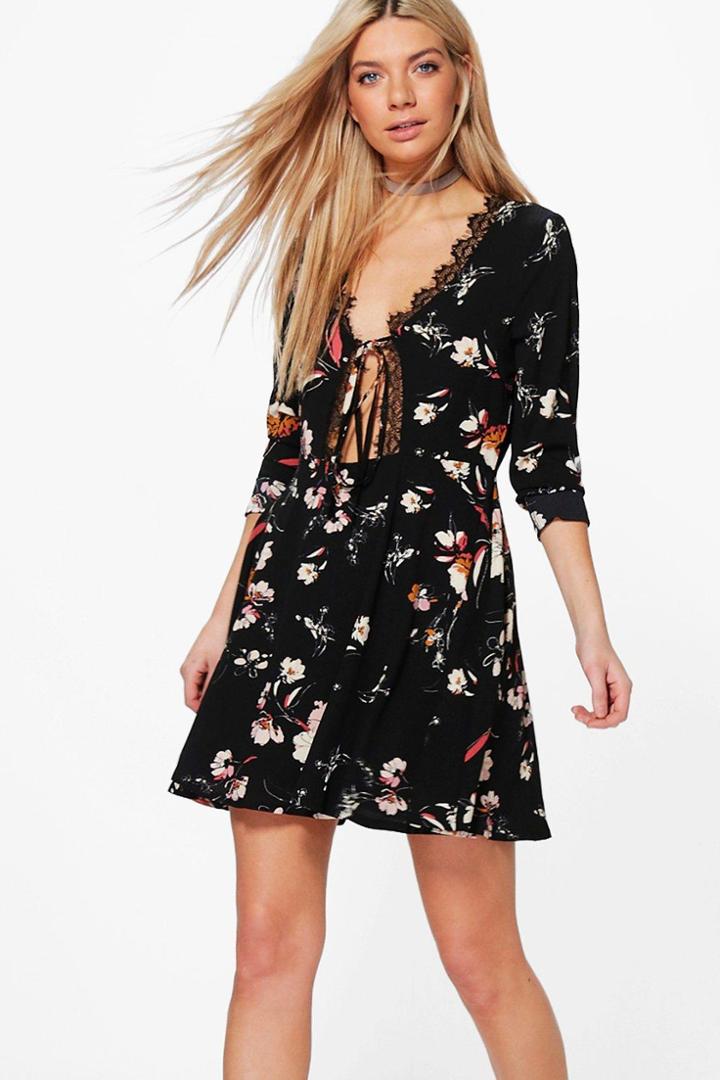 Boohoo Cece Tie Front Lace Trim Skater Dress Black