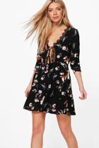 Boohoo Cece Tie Front Lace Trim Skater Dress Black