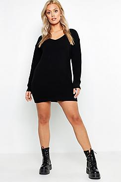 Boohoo Plus V Neck Sweater Mini Dress