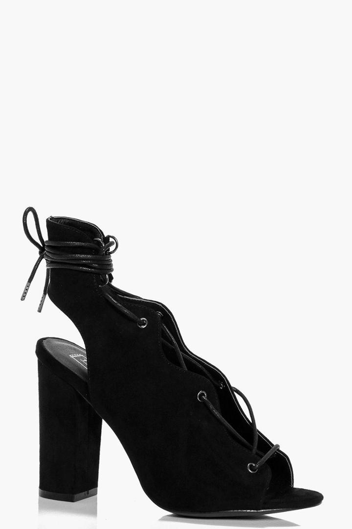 Boohoo Bella Scallop Trim Eyelet Ghillie Shoe Boot Black