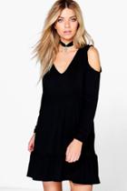 Boohoo Polly Pom Pom Cold Shoulder Frill Hem Skate Dress Black