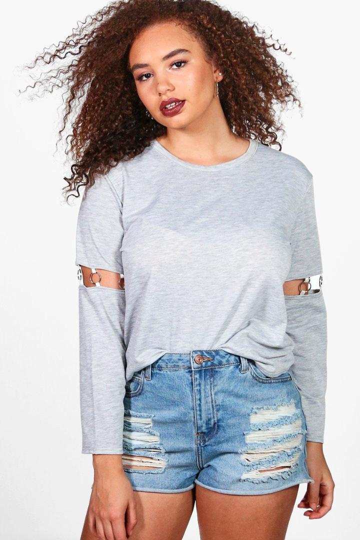 Boohoo Plus Grace Eyelet Sleeve Top Grey