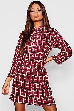 Boohoo Geo Print Tie Waist Shirt Dress