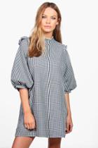 Boohoo Lucie Gingham Puff Sleeve Woven Shift Dress Black