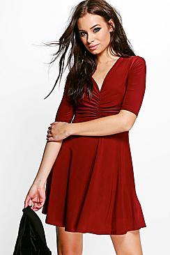 Boohoo Anna Slinky Rouche Detail Skater Dress