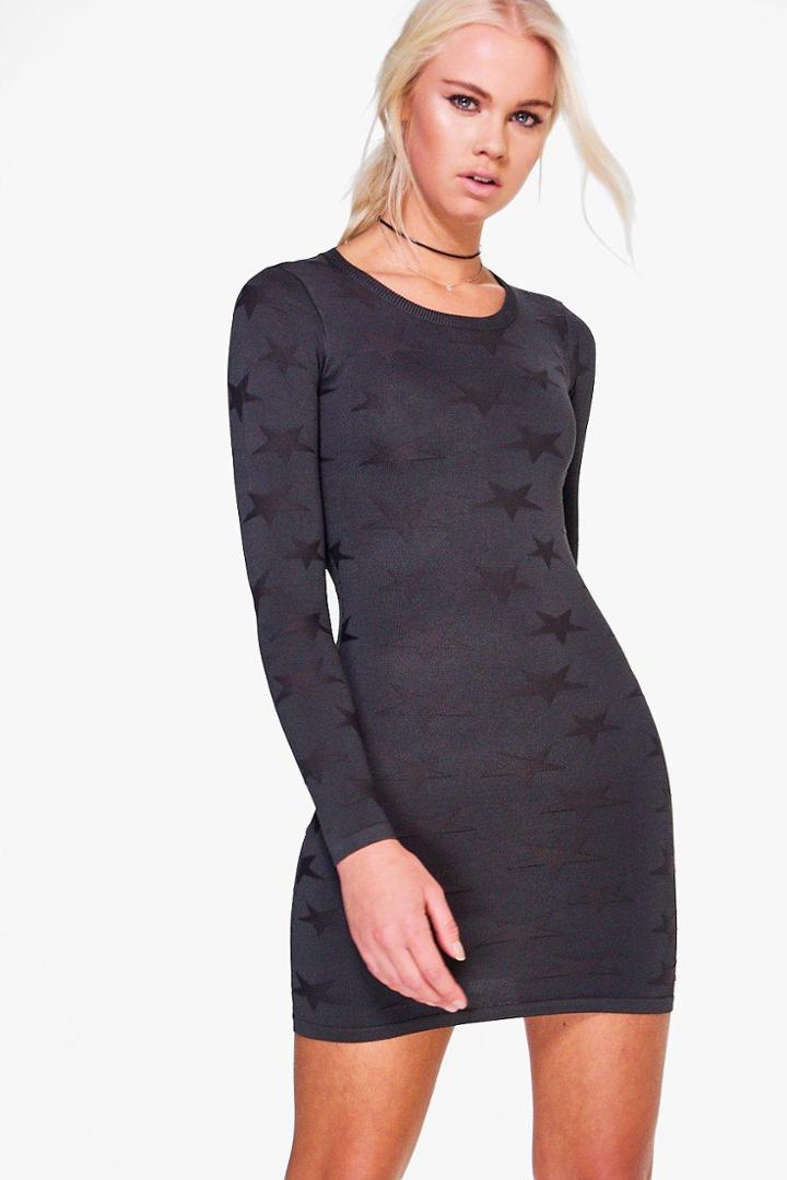 Boohoo Amina Textured Pattern Long Sleeve Dress Grey