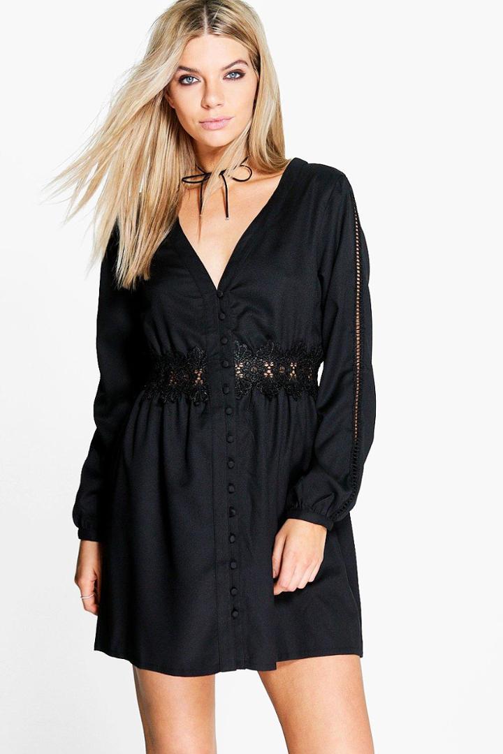 Boohoo Sara Lace Trim Long Sleeve Shirt Dress Black