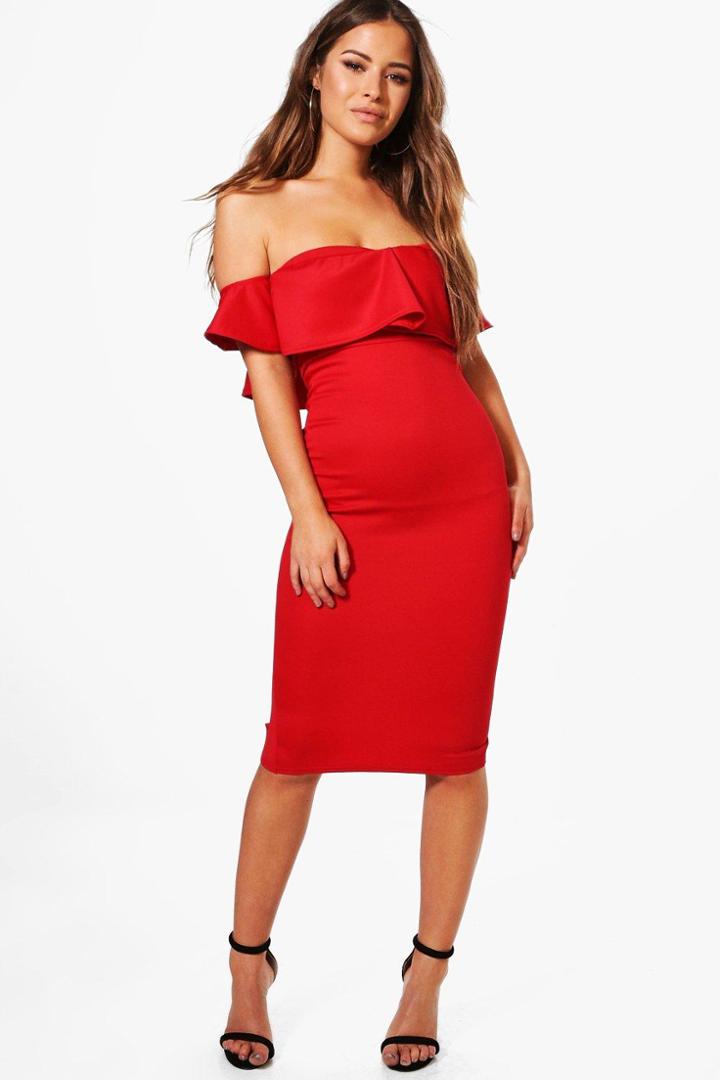 Boohoo Petite Naomi Frill Detail Midi Bodycon Dress Red