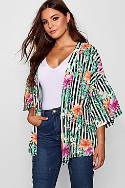 Boohoo Plus Stripe + Floral Kimono