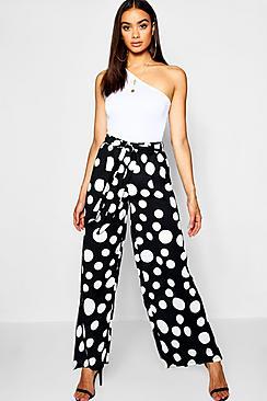 Boohoo Polka Dot Woven Tie Waist Wide Leg Trousers