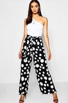 Boohoo Polka Dot Woven Tie Waist Wide Leg Trousers