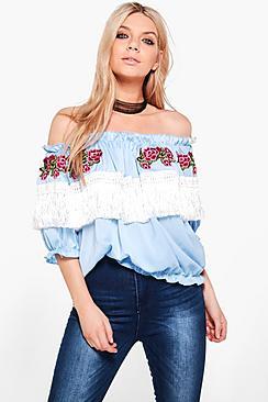 Boohoo Eliza Embroidered Tassel Bardot Top