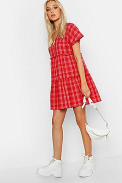 Boohoo V Neck Button Front Check Smock Dress