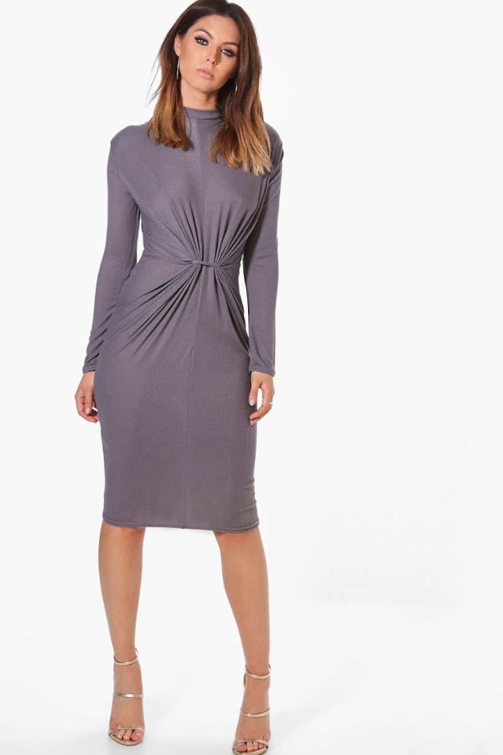 Boohoo Harmony Rib Knot Front Bodycon Dress Dove