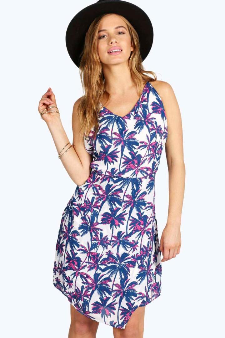 Boohoo Petite Vickie Palm Tree Print Dress Pink