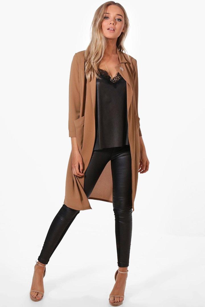 Boohoo Alice Woven Pocket Duster Camel
