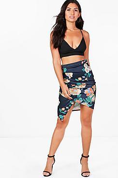 Boohoo Lydia Floral Rouched Wrap Mini Skirt