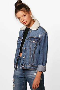 Boohoo Slim Fit Borg Collar Denim Jacket