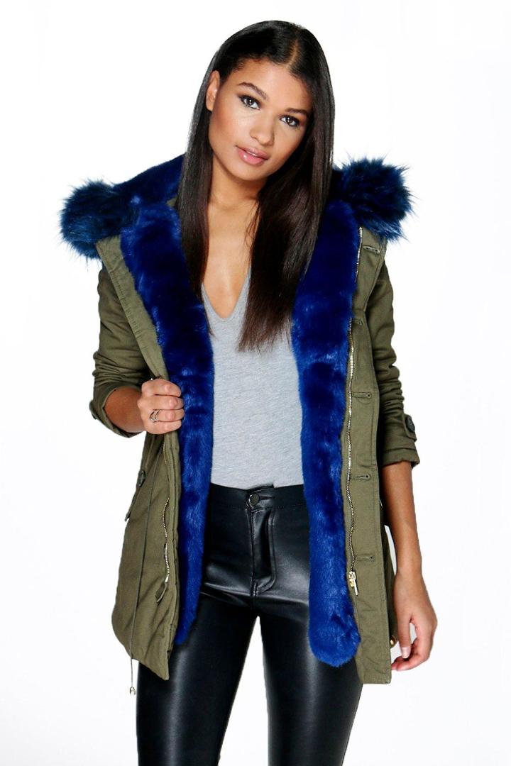 Boohoo Boutique Maria Faux Fur Trim Parka Navy