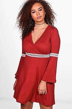Boohoo Plus Ellie Crochet Detail Wrap Skater Dress