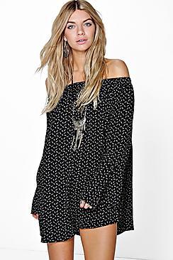 Boohoo Catalina Off The Shoulder Feather Print Dress